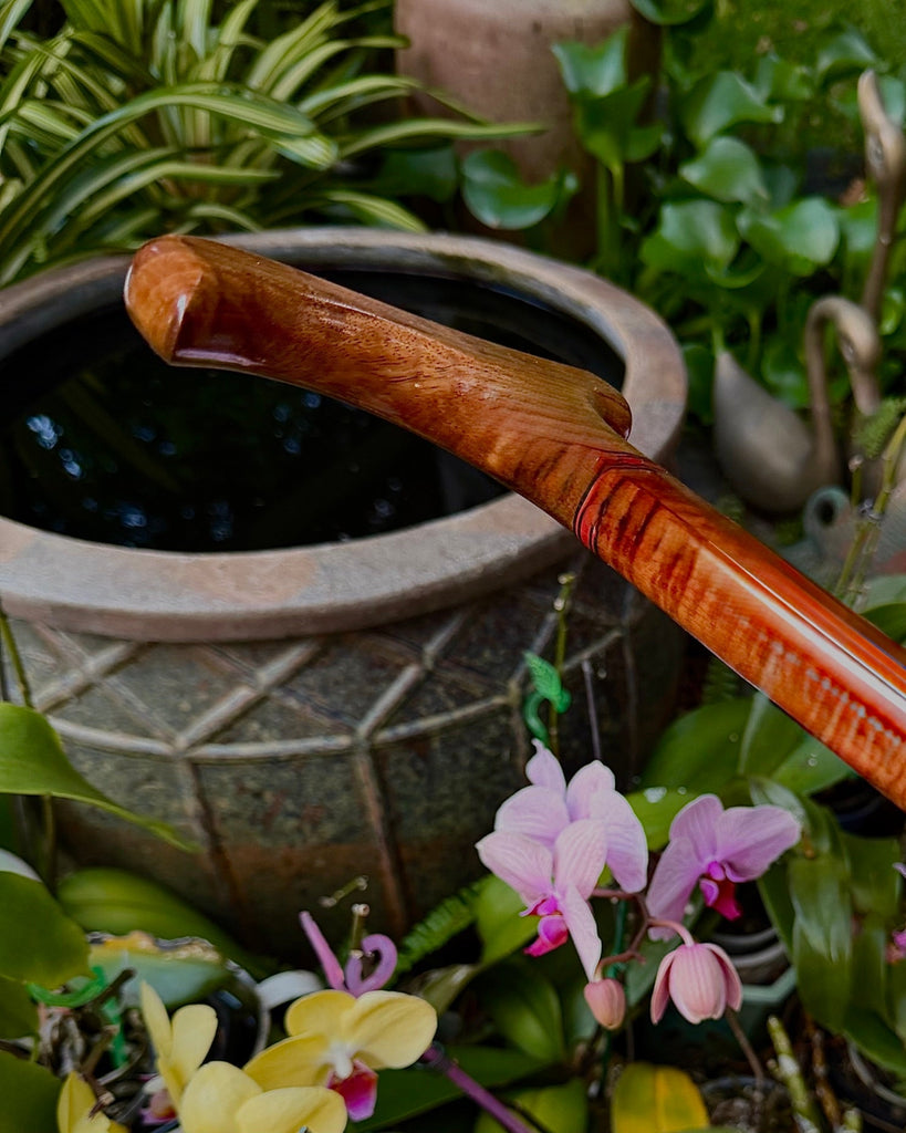 Cane handcrafted Hawaiian curly koa wood from SalterFineCutlery and custom woodworking underside detail view