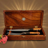 Carving knife and fork set in Hawaiian curly koa wood box hand-forged R2 stainless steel Japanese blades handcrafted handles and box by SalterFineCutlery