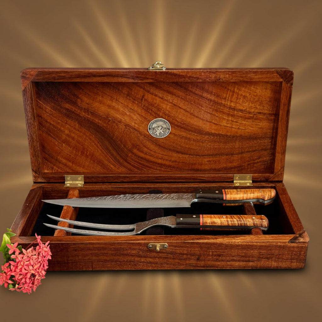 Carving knife and fork set in Hawaiian curly koa wood box hand-forged R2 stainless steel Japanese blades handcrafted handles and box by SalterFineCutlery