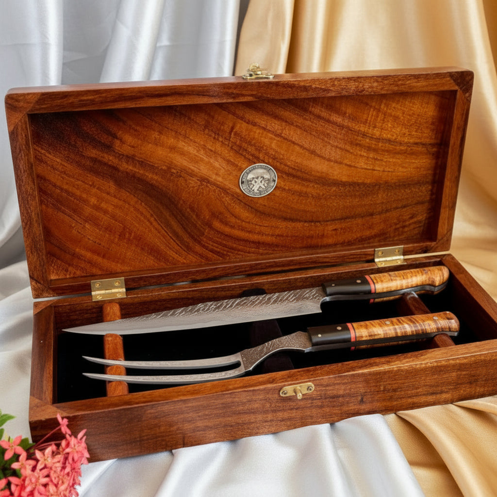Two-piece carving knife set handmade by SalterFineCutlery in open box