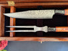 Detail view of this handmade carving set blades and beginning of handles by SalterFineCutlery custom made-to-order knife sets