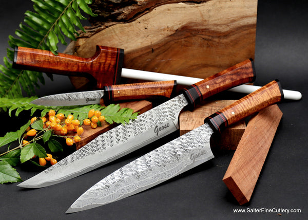 Combination carving and chef knife set with honing rod hand-forged in Japan with handcrafted Hawaiian koa wood decorative handles by SalterFineCutlery