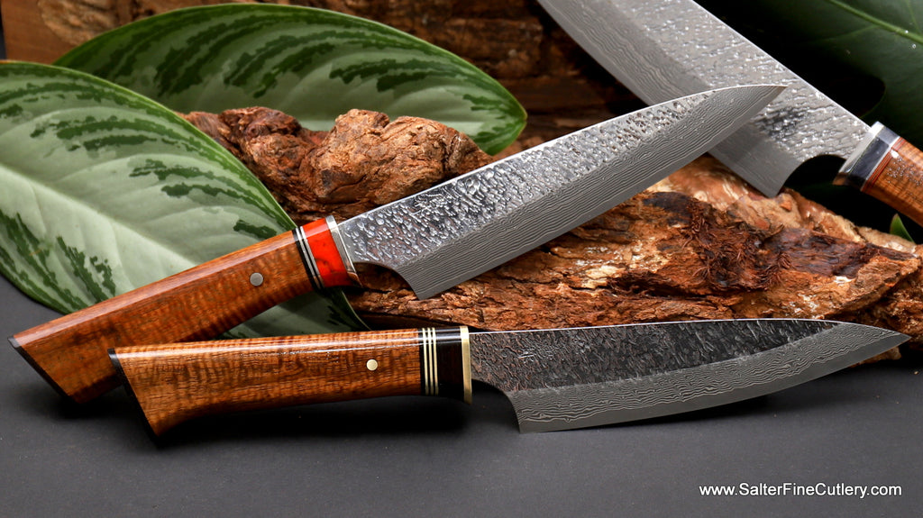 Eclectic 3-pc chef knife set variety in the kitchen each handle has a different bolster material custom made-to-order by SalterFineCutlery Hawaii