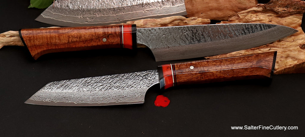 Chef Knife Set detail view of 155mm mini-bunka utility knife curly koa wood handles from SalterFineCutlery