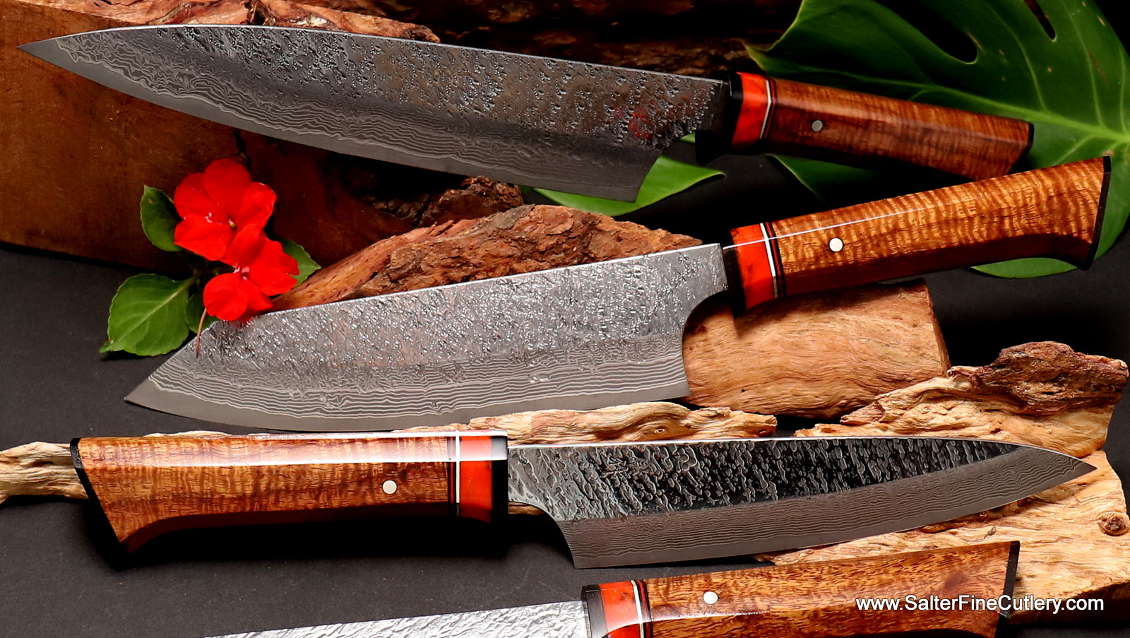 4-pc Village Forge chef knife set with extra-decorative curly koa wood handles by SalterFineCutlery