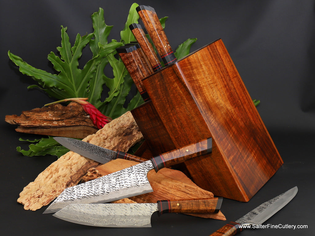 Luxury handcrafted 12-piece chef knife set in matching curly Hawaiian koa wood knife block by SalterFineCutlery
