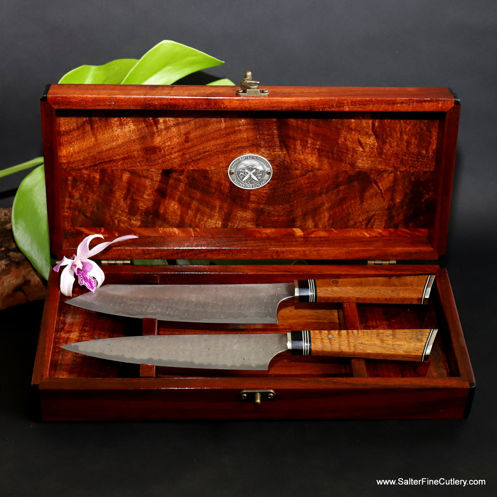 2-pc chef knife set in curly koa wood keepsake box handcrafted in Hawaii by SalterFineCutlery