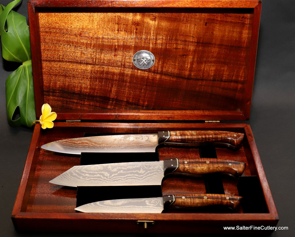 3-piece luxury chef knife set in open keepsake box by SalterFineCutlery of Hawaii