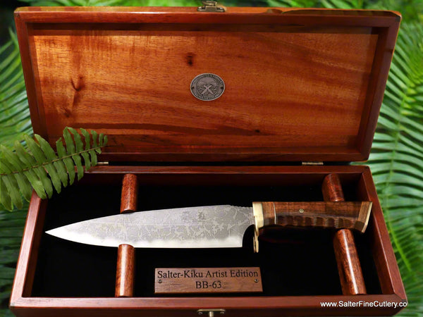 One-of-a-Kind artist collectible knife in keepsake box by SalterFineCutlery deck teak accents from USS Missouri Battleship