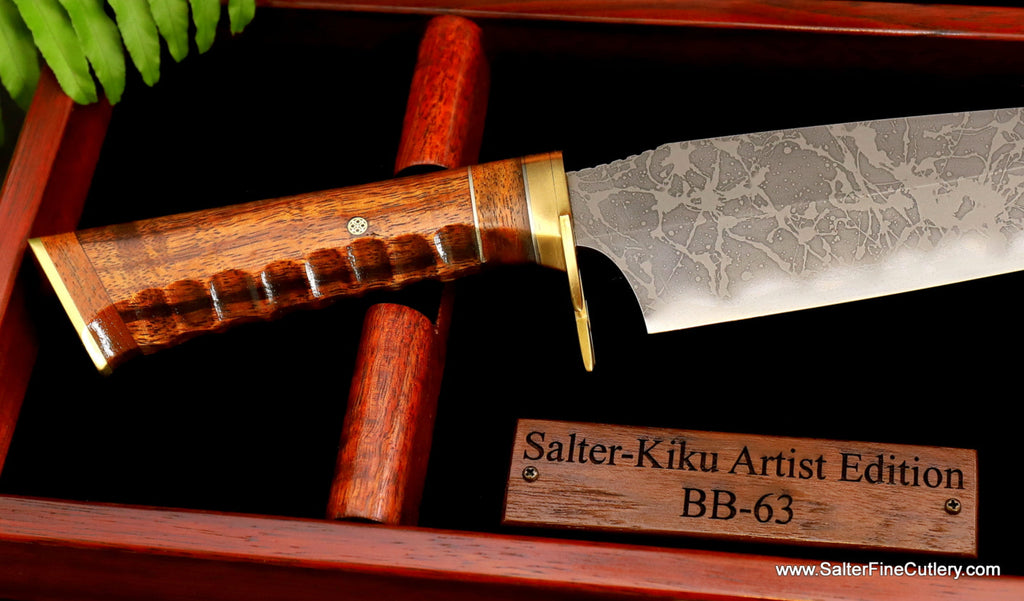 Collectible nautical themed Salter and Kiku collaboration knife with accents of deck teak wood from the USS Missouri from SalterFineCutlery