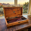 Collectible 250th Anniversary Stars/Stripes knife with sheath in open curly koa wood presentation box handcrafted Custom Collectible knives from SalterFineCutlery