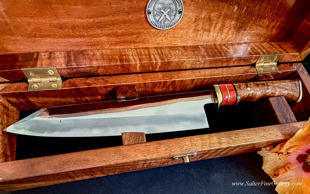 Detail view of hand-forged mirror polish collectible shirogami carbon steel chef knife in presentation box by SalterFineCutlery