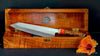 Custom collectible knife with Artist-Series handle in a matching curly koa wood presentation box from SalterFineCutlery 
