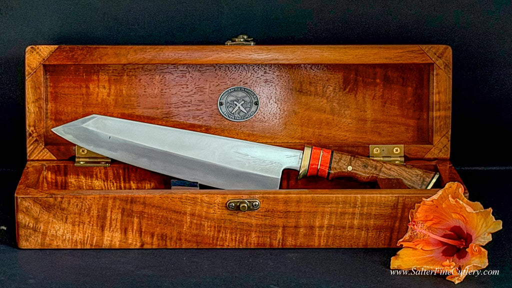 Custom collectible knife with Artist-Series handle in a matching curly koa wood presentation box from SalterFineCutlery 