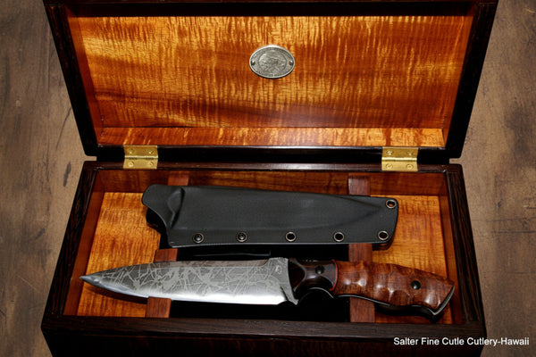 Handmade collectible knife with 180mm long blade in drop-point style by Kiku Matsuda of Japan with handcrafted handle and presentation display box by SalterFineCutlery of Hawaii