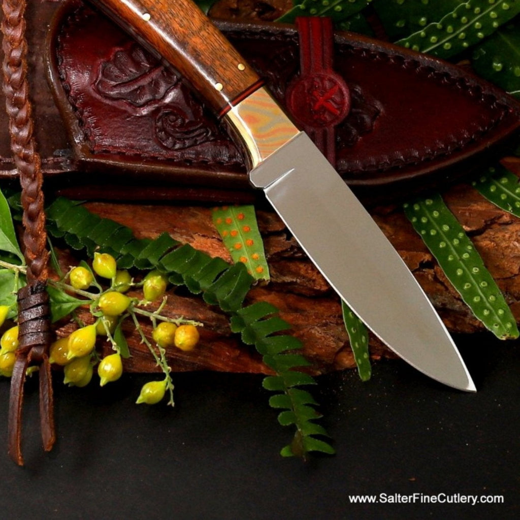 Colletible fixed blade knife with hand-tooled sheath and mokume bolster SalterFineCutlery 