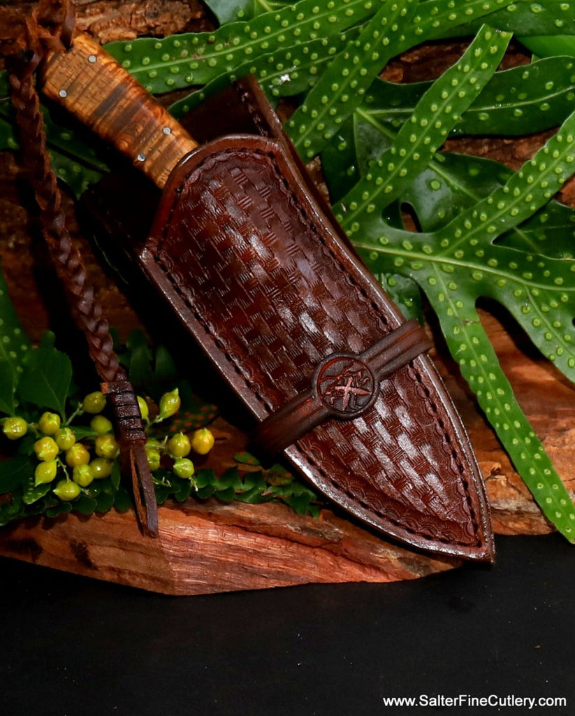 Pretty collectible fixed blade knife handmade with curly koa wood handle in custom sheath SalterFineCutlery of Hawaii in hand-tooled leather sheath