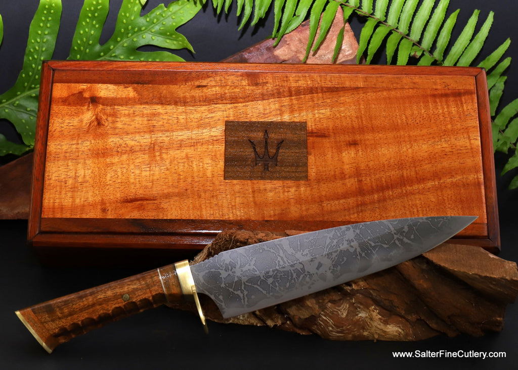 Collectible knife with engraved box accents include deck wood from the USS Missouri handmade by SalterFineCutlery