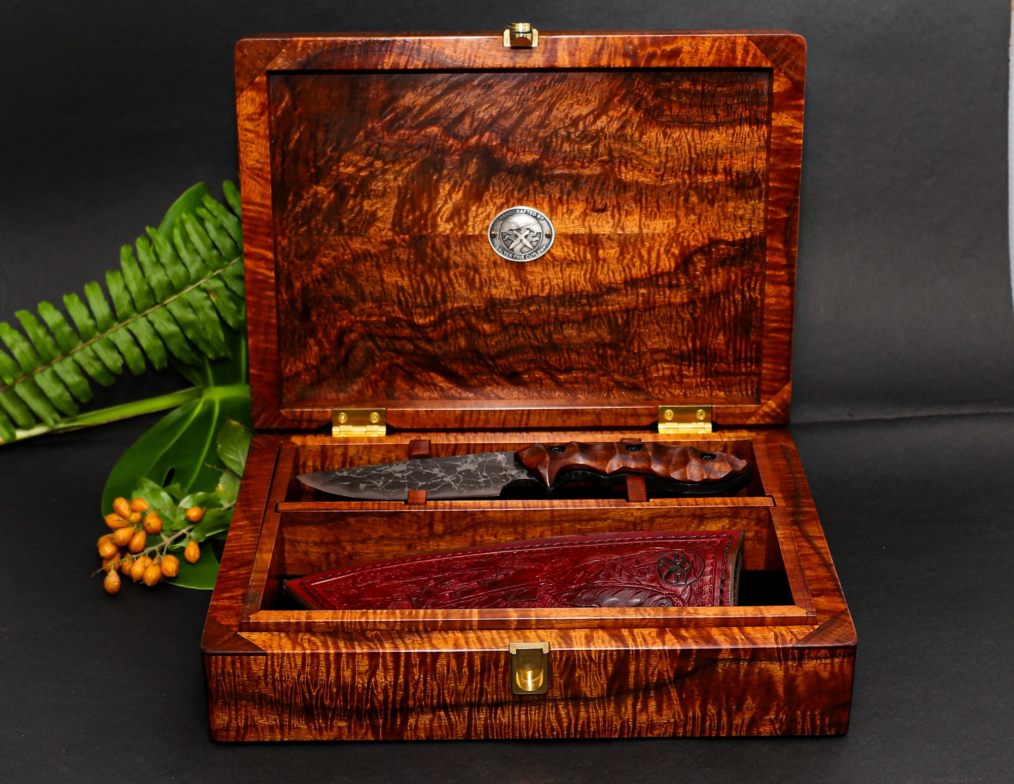 Handcrafted rare old-growth Hawaiian koa wood presentation box with collectible knife and hand-tooled leather sheath SalterFineCutlery
