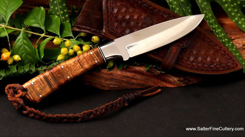 Everyday belt carry knife handcrafted in Hawaii stainless steel blade and bolster custom handmade leather sheath SalterFineCutlery