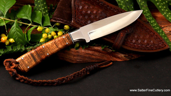 Everyday belt carry knife handcrafted in Hawaii stainless steel blade and bolster custom handmade leather sheath SalterFineCutlery