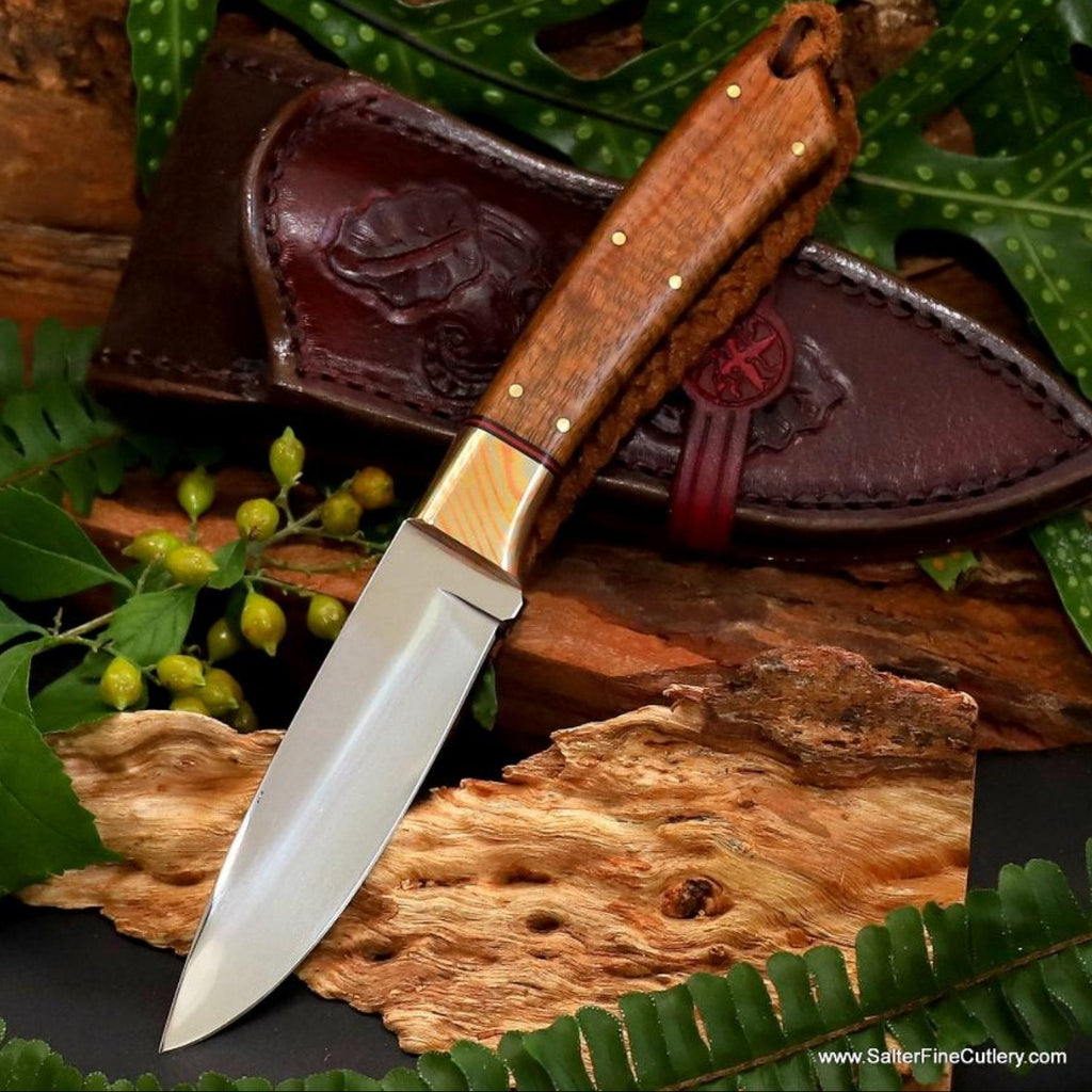 Fixed Blade collectible knife with handcrafted mokume bolster Hawaiian curly koa wood handle and handtooled leather sheath SalterFineCutlery