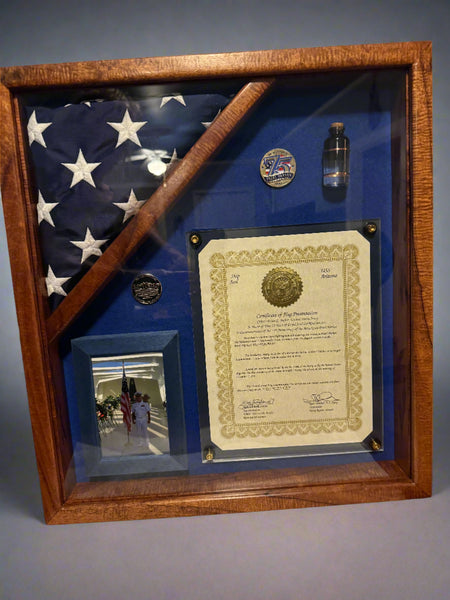 Military memorabilia and flag display box handcrafted 5! upgrade Hawaiian curly koa wood with items mounted by client handcrafted by SalterFineCutlery and Fine Woodworking 
