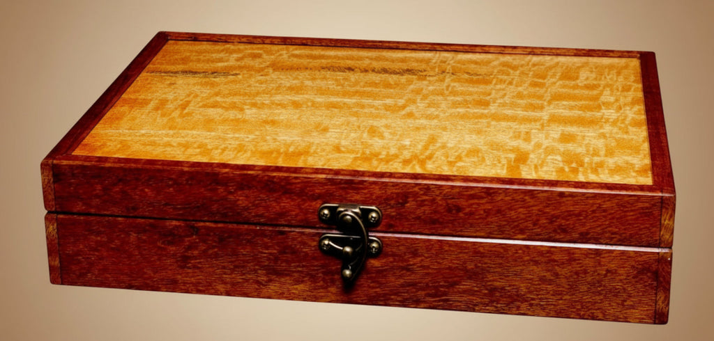 Hancrafted Hawaiian rare koa wood and mango wood gift box to hold small steak knife set by SalterFineCutlery and custom woodworking