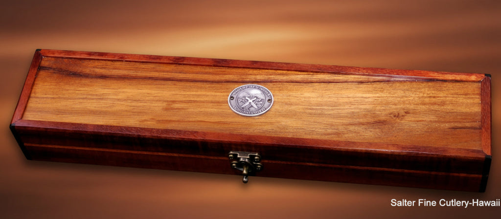 Gift storage box handcrafted Hawaiian koa wood to hold long chef or carving knife by SalterFineCutlery