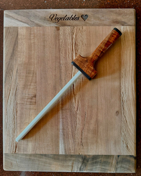 Honing  rod handmade with Hawaiian curly koa wood and a fine grit ceramic rod by SalterFineCutlery