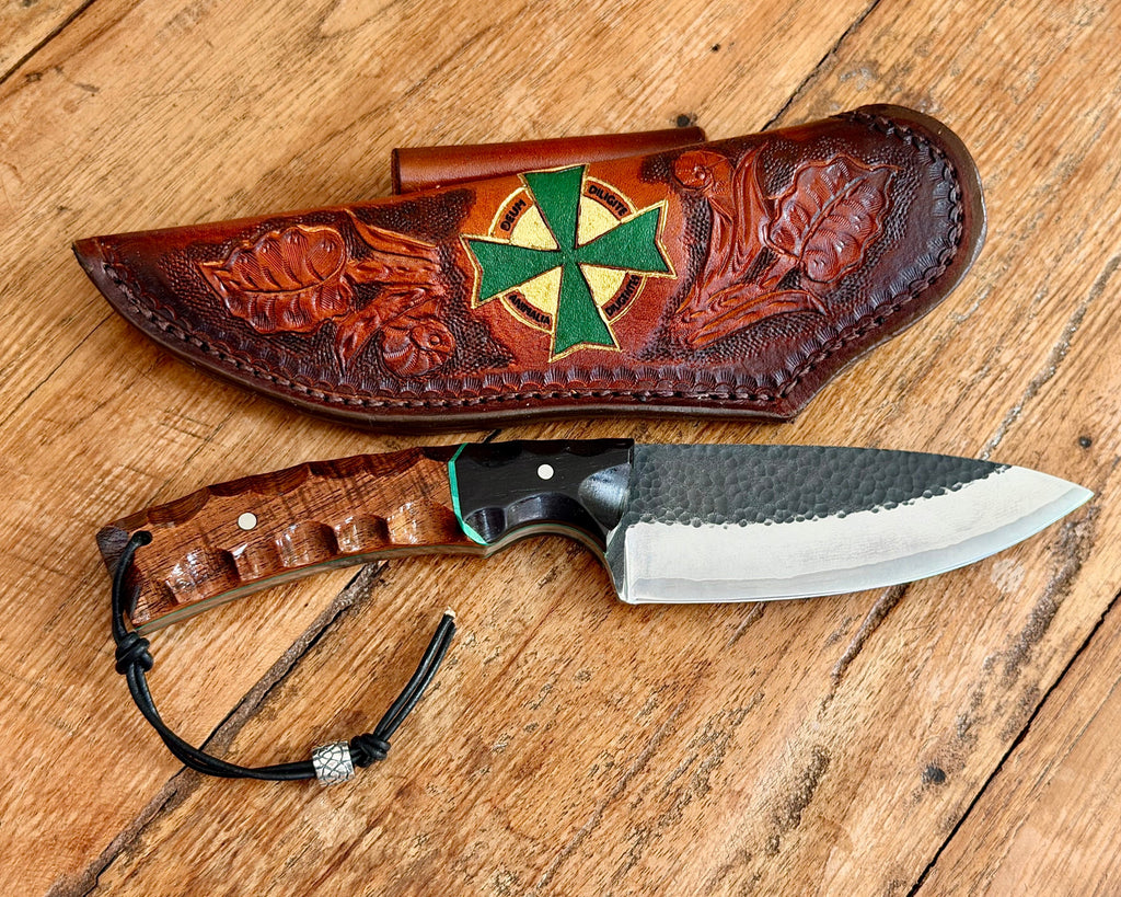 105mm collectible knife with horizontal belt carry sheath and custom logo handforged in Japan handmade from SalterFineCutlery