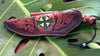 Custom collectible knife in sheath with custom logo embossed against hand-tooled decorative horizonal belt-carry sheath SalterFineCutlery