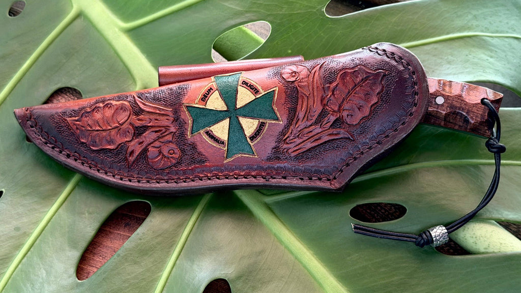 Custom collectible knife in sheath with custom logo embossed against hand-tooled decorative horizonal belt-carry sheath SalterFineCutlery