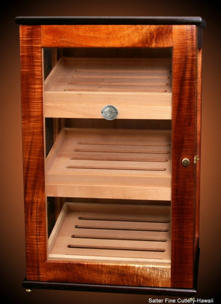 Glass sided large display humidor handcrafted from Hawaiian curly koa wood with black wood accents by SalterFineCutlery and fine woodworking in Hawaii