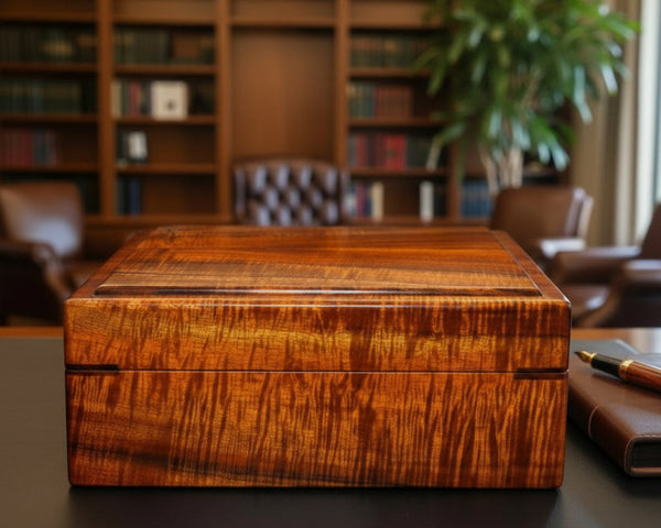 Custom humidor with 5A upgrade rare Hawaiian curly koa wood OD 12x9.5x4.5 inches handcrafted by SalterFineCutlery and custom Woodworking Hawaii