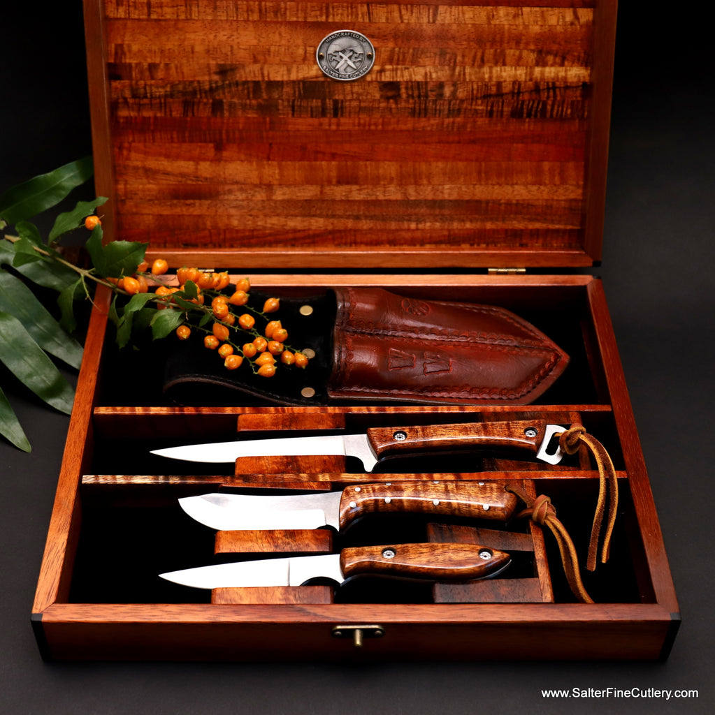 3-piece outdoorsmans knife set with truesse sheath in keepsake box by SalterFineCutlery