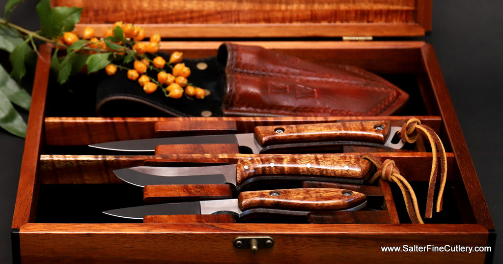 Hunting knife 3-pc set with leather belt sheath in keepsake box handmade in Hawaii by SalterFineCutlery