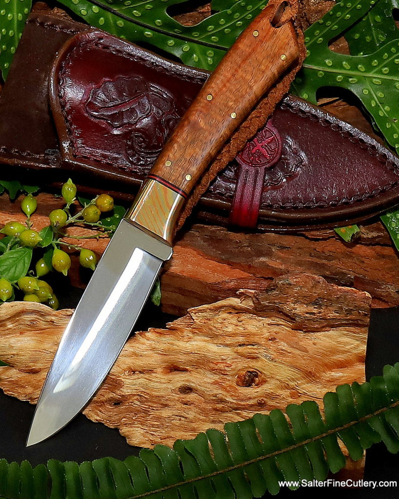 Hunting knife Handcrafted Hawaiian koa wood handmade leather sheath SalterFineCutlery