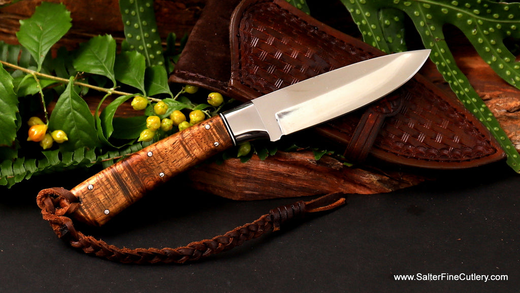 Hunting knife handcrafted in Hawaii stainless steel blade and bolster custom handmade leather sheath SalterFineCutlery
