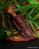Hunting knife handmade with curly koa wood handle in custom sheath SalterFineCutlery of Hawaii
