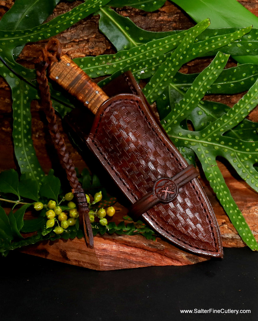 Hunting knife handmade with curly koa wood handle in custom sheath SalterFineCutlery of Hawaii