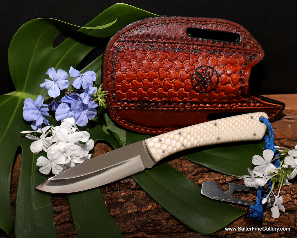 Hunting knife with faux snakeskin pattern handle and handmade leather sheath from SalterFineCutlery Hawaii