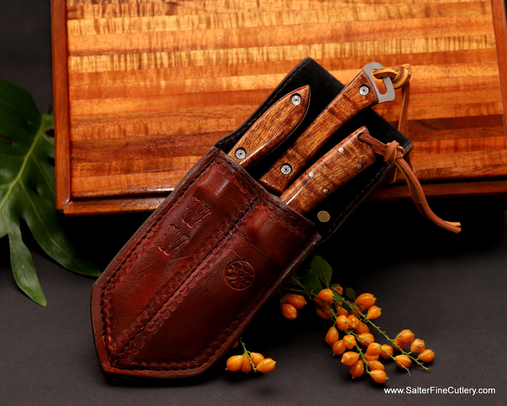 3-piece hunter and fishermans knife set in truesse sheath  handcrafted by SalterFineCutlery