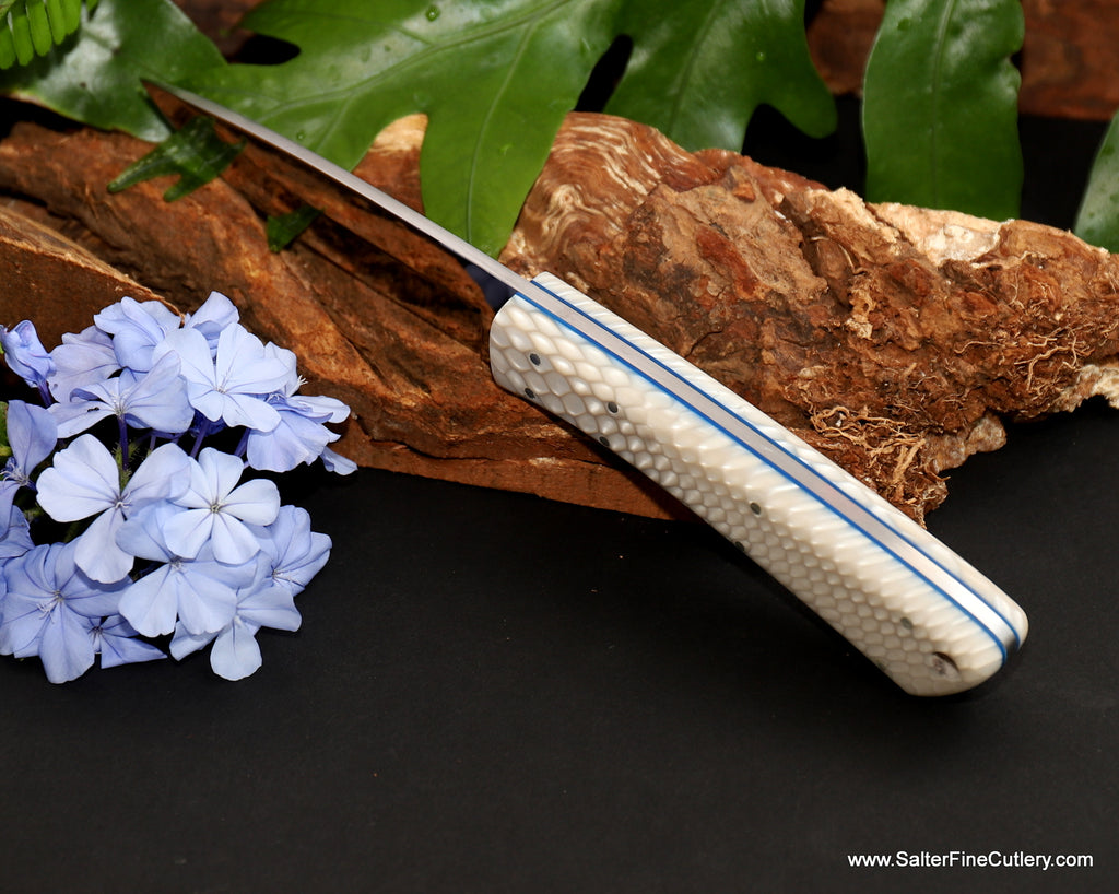 Collectible hunters knife with blue liners  and manufactured snake pattern stone handle from SalterFineCutlery