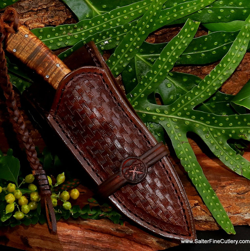 Hunting Knife in hand-tooled lined leather sheath handcrafted in Hawaii SalterFineCutlery