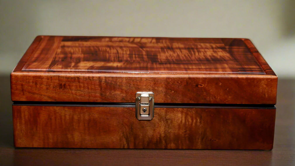 Jewelry and Valet combo box curly Hawaiian koa wood with locking latch by SalterFineCutlery Hawaii