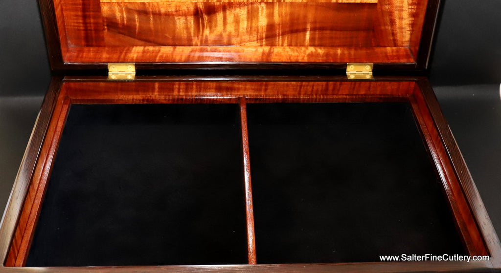 Handcrafted jewelry box with pigskin leather lining and two large valet sections by SalterFineCutlery and custom woodworking Hawaii