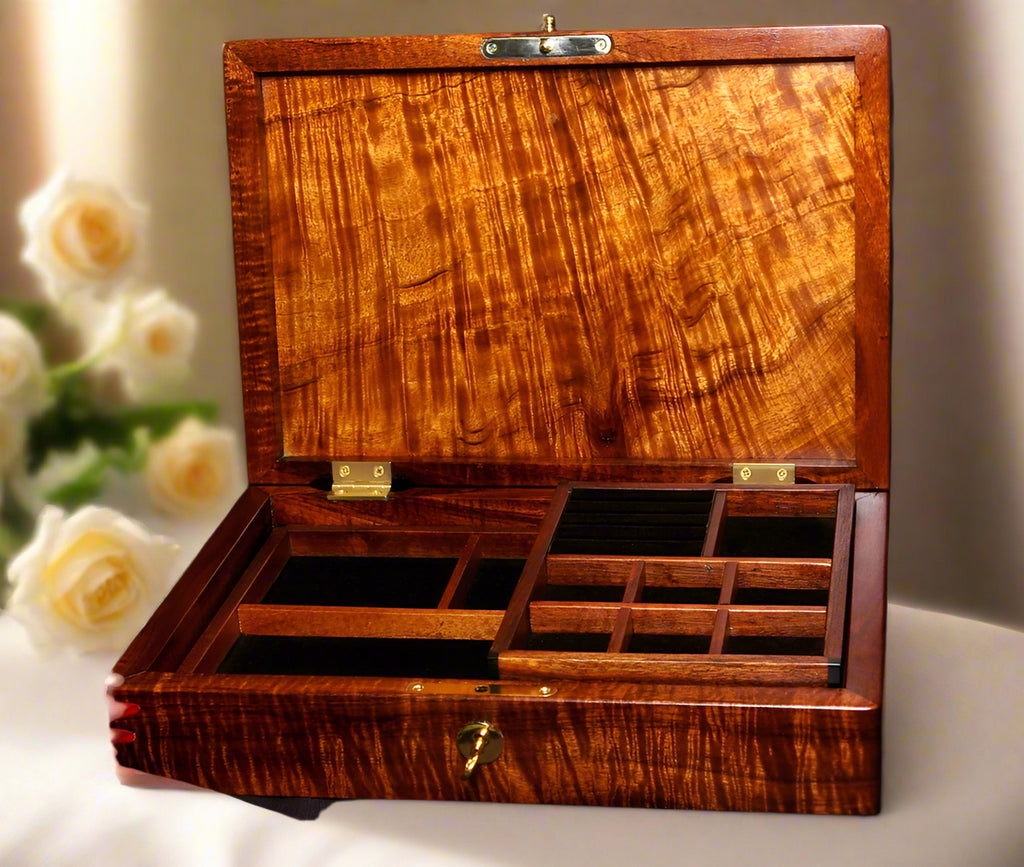Jewelry Box Ladies low profile with two trays plus secret photo storage gorgeous curly Hawaiian koa wood handcrafted by SalterFineCutlery custom woodworing Hawaii