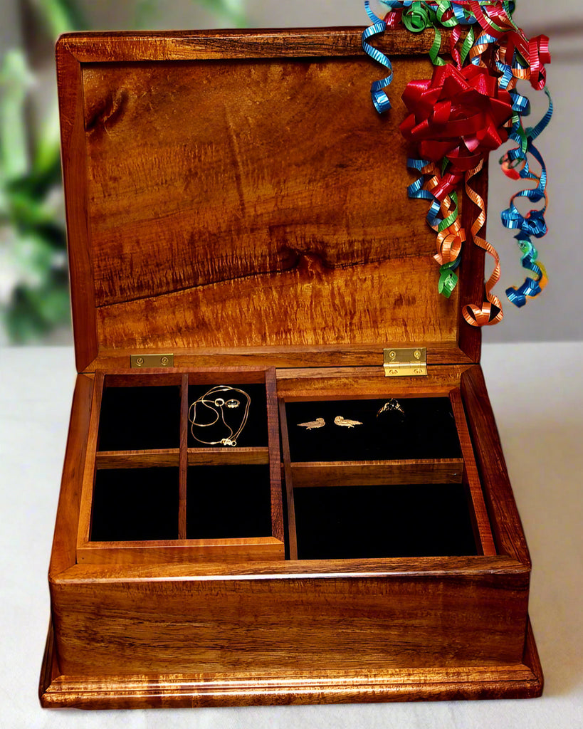 Ladies large jewelry box 3 layers Hawaiian curly koa wood with beveled base handcrafted by SalterFineCutlery custom woodworking 