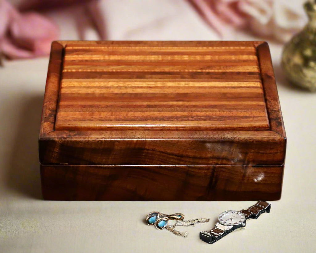 Jewelry Box ladies medium curly koa wood with variegated lid by SalterFineCutlery